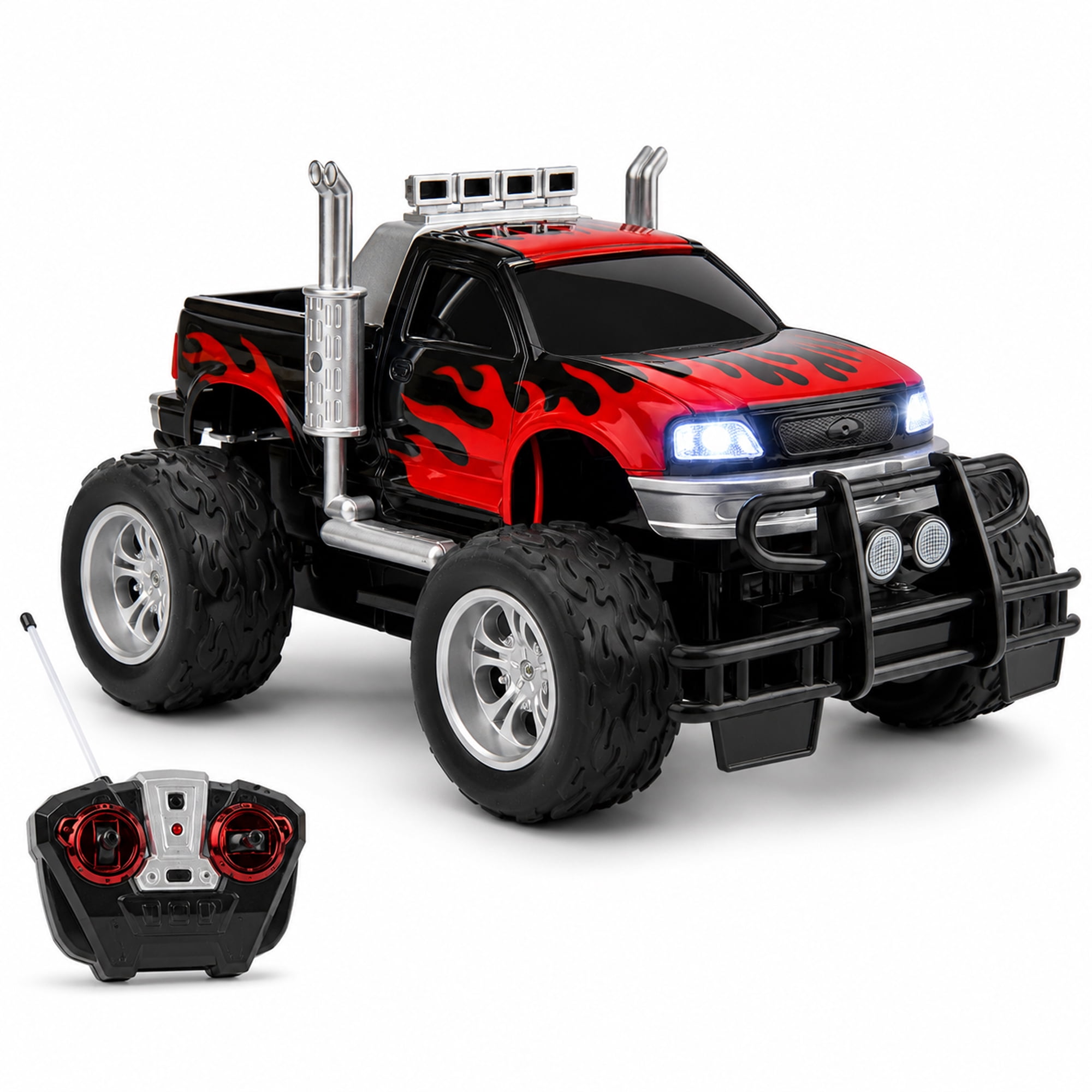 RC Monster Truck Toy for Kids, Remote Control Off-Road Racing Truck with Light-Up Front Lights, Flame Graphics, Big Tires, Red Black