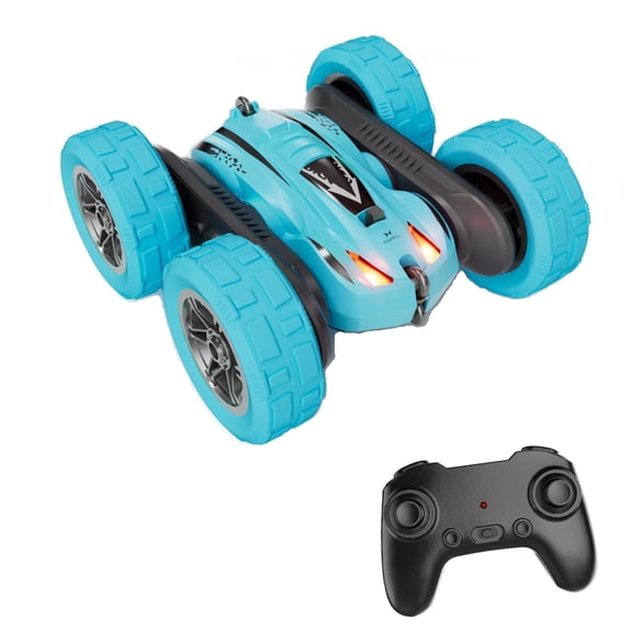 RC Stunt Car 4WD Double Sided Remote Control Flip Car w/ Lights Kids Toy Blue 2x Rechargeable & Remote Batteries