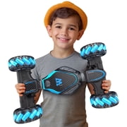 Vecukty 110 RC Twisting Stunt Car with Giant Wheels, Water Mist Function, Lights and Music, 2.4GHz Remote Control Toy Car, Blue