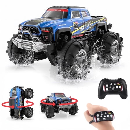 Amphibious RC Monster Truck/Boat, IPX7 Waterproof Remote Control Car, 2.4GHz 4WD RC Car 360°Rotation,LED Light,40mins Play RC Truck Toys for Kids Boys 6-12