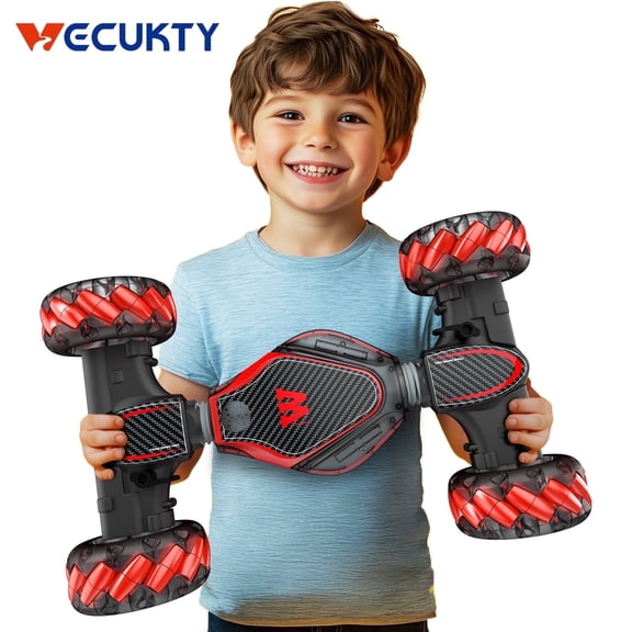 RC Stunt Car Twisting Snake, Vecukty 1:10 Spray Giant Wheel Remote Control Toy Car with High-Speed Climbing and Colorful Gradient Lights with Music,Red