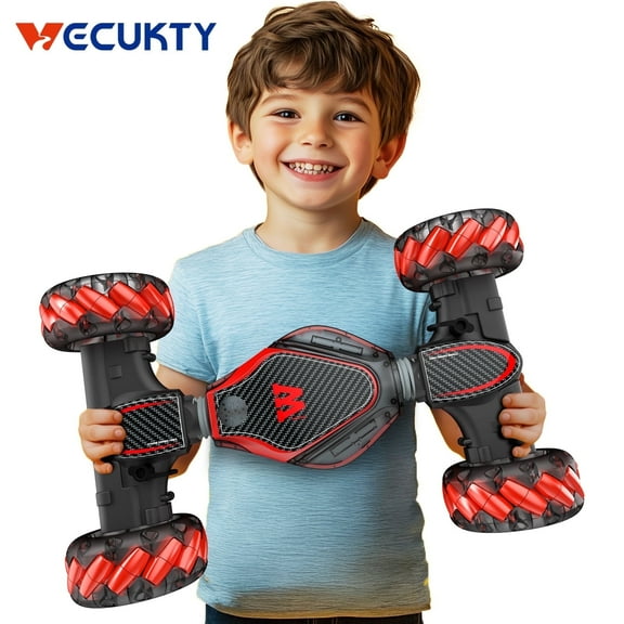 RC Stunt Car Twisting Snake, Vecukty 1:10 Spray Giant Wheel Remote Control Toy Car with High-Speed Climbing and Colorful Gradient Lights with Music,Red