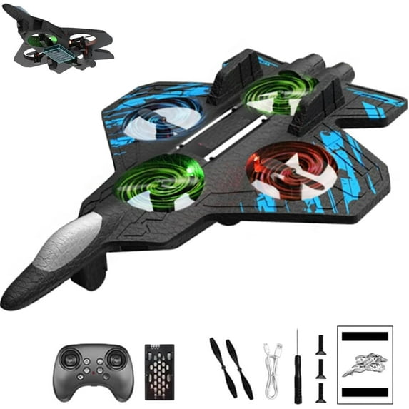 RC Stunt Fighter Jet Toy with 360° Flips & LED Lights, Christmas Remote-Controlled Foam Airplanes Toy, Rechargeable Hovering Fighter Helicopter, for Beginners (Blue+1 Battery)