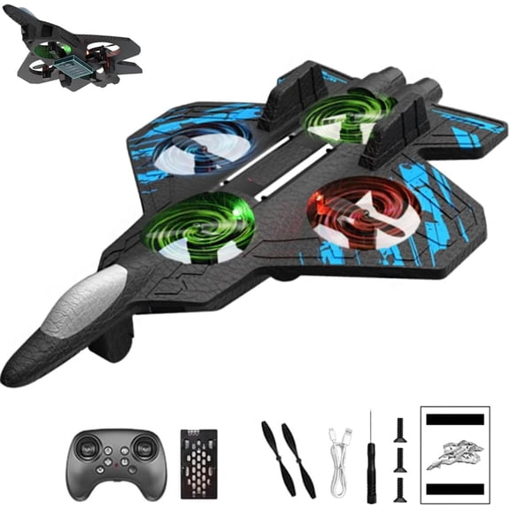 RC Stunt Fighter Jet Toy with 360° Flips & LED Lights, Christmas Remote-Controlled Foam Airplanes Toy, Rechargeable Hovering Fighter Helicopter, for Beginners (Blue+1 Battery)