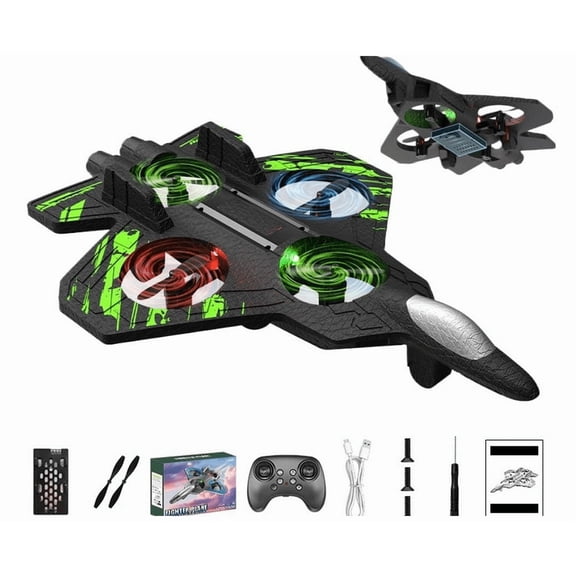 RC Stunt Fighter Jet Toy with 360° Flips & LED Lights, Christmas Remote-Controlled Foam Airplanes Toy, Rechargeable Hovering Fighter Helicopter, for Beginners (Green|Single Cell)