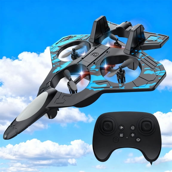RC Stunt Fighter Toy with LED Lights, 360° Flips & 2-Speed Modes, Foam Plane Helicopter for Adults Outdoor Indoor Flying Play, Long Remote Control Distance, Easy Flight for Beginners