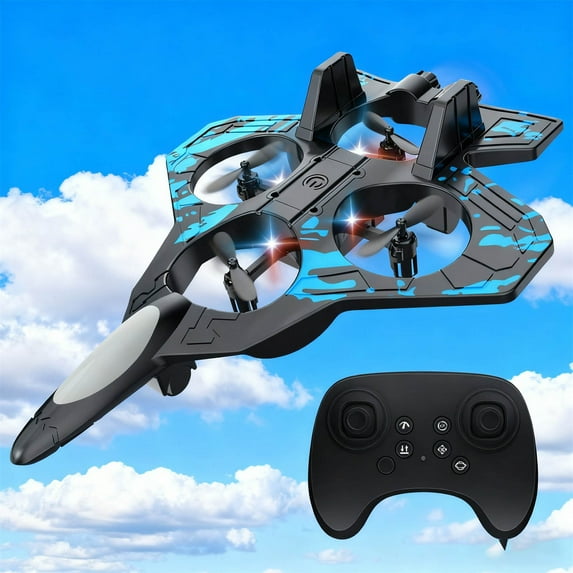 RC Stunt Fighter Toy with LED Lights, 360° Flips & 2-Speed Modes, Foam Plane Helicopter for Adults Outdoor Indoor Flying Play, Long Remote Control Distance, Easy Flight for Beginners