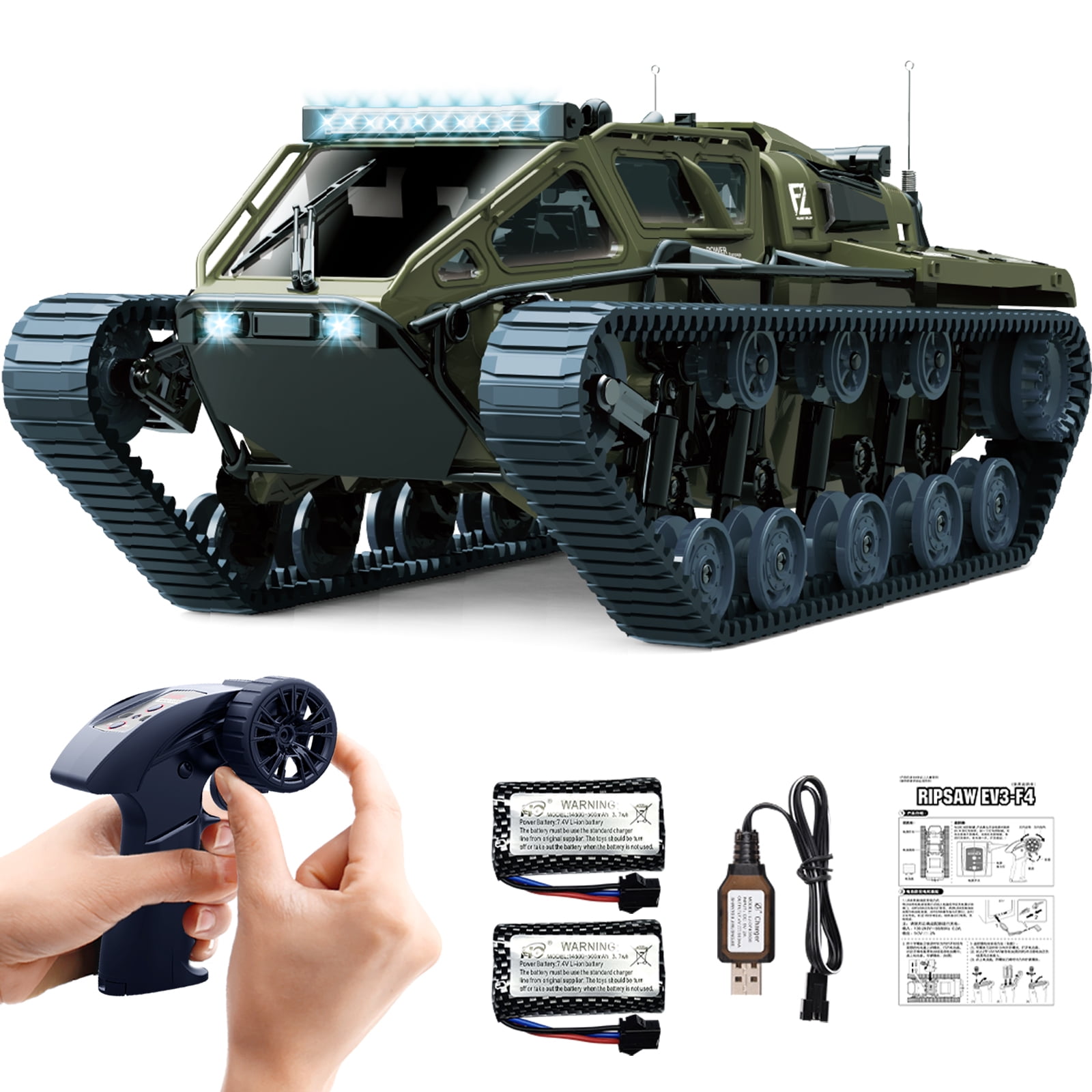 RC Tank Car, 1:16 Remote Control Crawler Drift Tank, 2.4Ghz RC Rock Crawler Off-Road 4WD 360°Rotating Drifting Car with 2 Batteries, Military Truck Toy for Adults and Kids