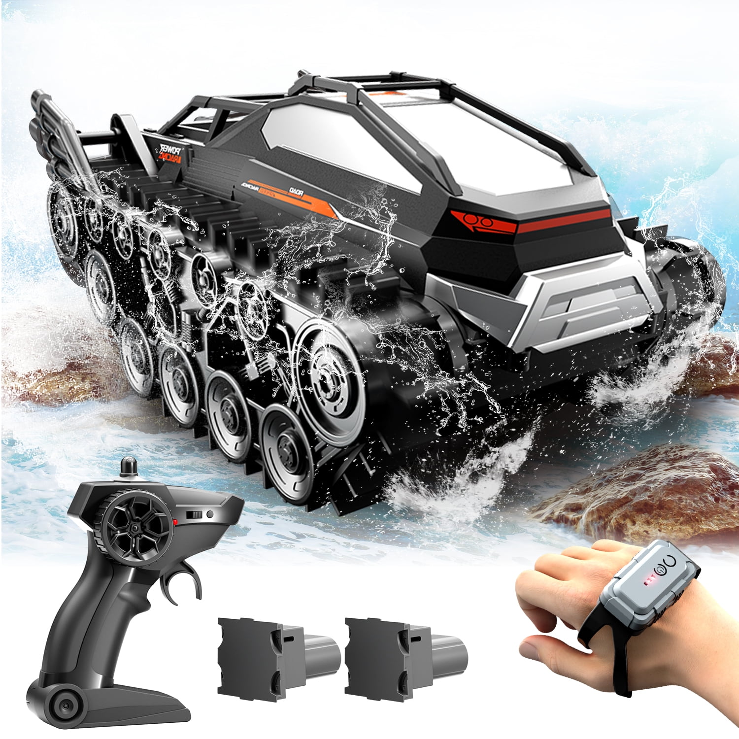 RC Tank Car, Amphibious Remote Control Car, 2.4Ghz Off-Road Remote Control Tank with Gesture Sensing, All Terrain Crawler Waterproof RC Monster Truck for Boys Age 8-12
