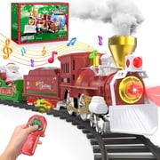 Loheer Train Set with Steam Engine, Remote Control Train & Realistic Smoke   Plastic Electric Train Set for Kids Ages 4-8, Toy Trains for Boys Around The Christmas Tree