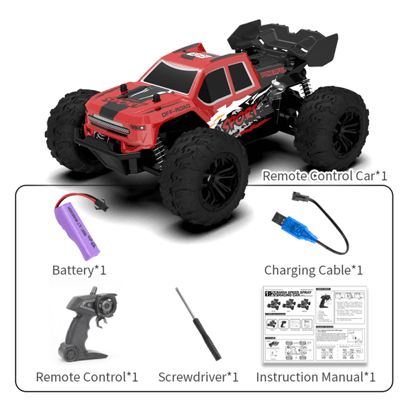 RC Truck 20 KM/H High-Speed 4WD Remote Control Car with Lights & Rechargeable Battery for Kids Christmas Birthday Gifts(Red)