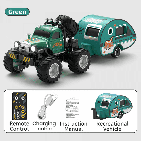 RC Truck Toys with Trailer for Kids, 1/64 Scale Mini Remote Control Car with Lights, Alloy Shell RC Cars for Christmas Birthday Gifts(Green)