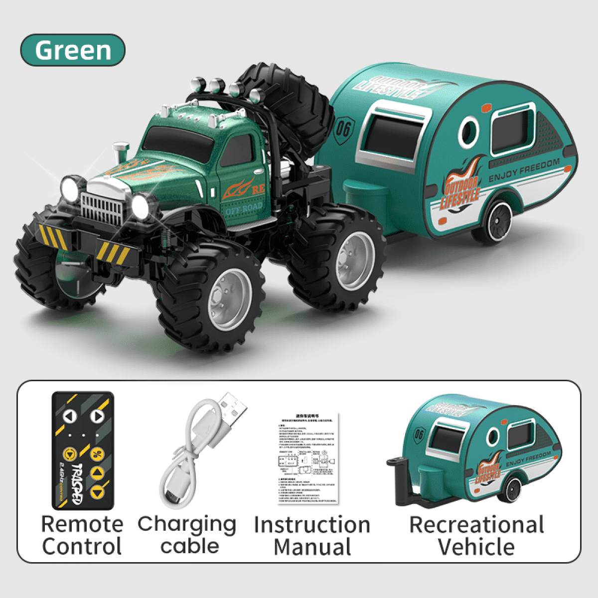 RC Truck with Trailer for Kids, 1/64 Scale Mini Remote Control Car with Lights, Alloy Shell RC Cars for Christmas Birthday Gifts(Green)