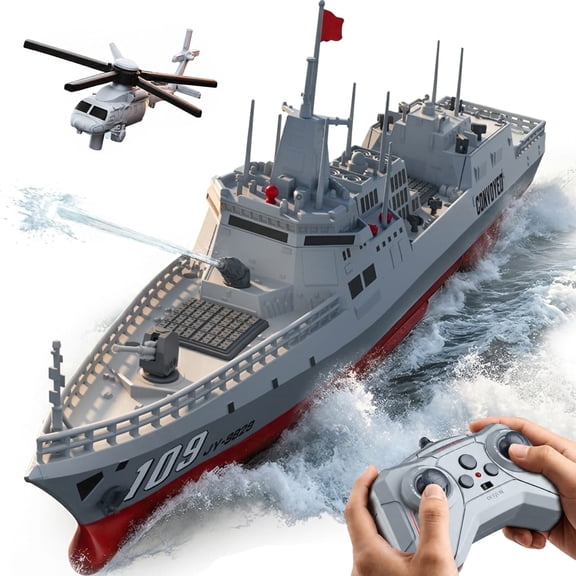 RC Warship Destroyer Boat with 2 Batteries- Dual Motor High-Speed Remote Control Battleship Toy with Water Spray & 2 Speeds - Auto Power-Off & Low Battery Alarm RC Ship for Pools & Lakes