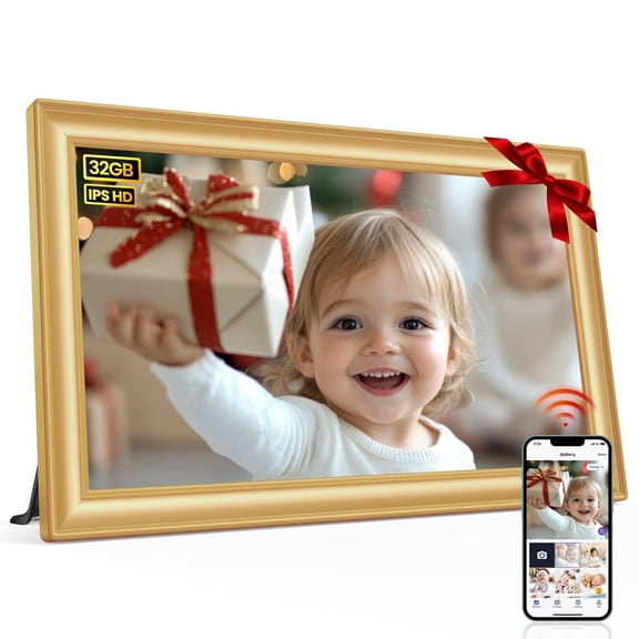 Uhale WiFi Digital Picture Frame, RCA 10.1 Inch Electric 1080p HD Touch Screen Photo Frame Digital with 32GB Memory, USB SD Slot, Auto Rotate, Wall Mountable, Share Photos/Videos Instantly (Gold)