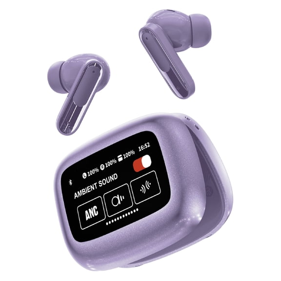 RCA WAVE-45 TWS Bluetooth In-Ear Earbuds with Mics, On-Ear Controls, ANC, Charging Case with Touch Screen, up to 6 Hours Play Time , Purple