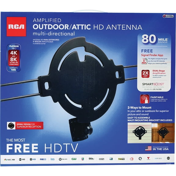 RCA Amplified Outdoor or Attic HDTV Antenna  Multi-Directional HD Antenna with 80-Mile Range; Digital OTA Antenna for Clear VHF & UHF Reception; Supports 4K/8K 1080p TVs