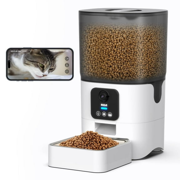 RCA Cat & Dog Pet Feeder with HD 1080p Camera, Real-Time Two-Way Audio, Monitoring, Motion Detection, Night Vision, Compatible with Alexa & Google Assistant - 6L Capacity, Dishwasher Safe Bowls