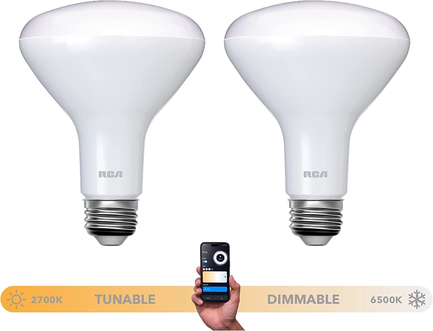 RCA Dimmable Smart Light Bulbs, 2-PK | BR30 WiFi LED Light Bulb | Indoor Flood LED Bulbs | 9W (60W Eq) | 2700K Soft White, 720 Lumens, E26 Base | Voice Activated Lights, Google & Alexa Light Bulb