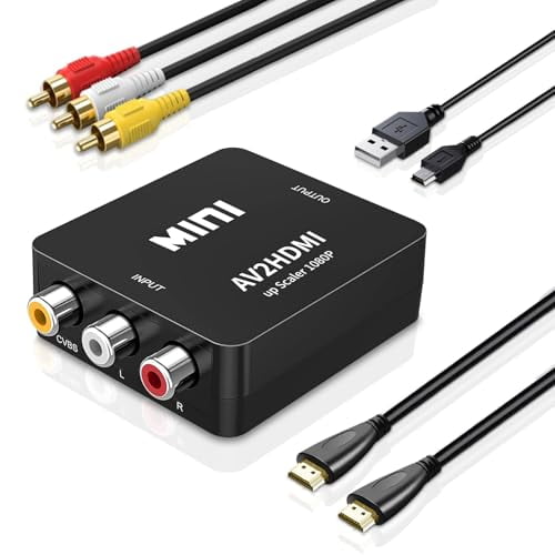 RCA to HDMI Converter,AV to HDMI Converter,1080P Mini RCA Composite CVBS Audio Video Adapter Box Support PAL/NTSC for Wii PS3 Xbox VHS N64 VCR PC Blue-Ray DVD Players(with USB&Rca&Hdmi Cable)