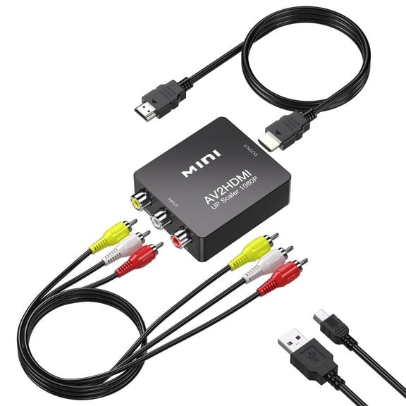 RCA to HDMI Converter with AV Cables, Composite to HDMI Adapter, 1080P, for PS2 N64 VHS DVD Players, Black