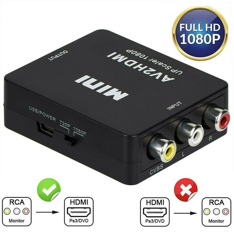 Forkortelse Vær sød at lade være nationalisme RCA to HDMI converter 1080P Mini RCA Composite CVBS AV to HDMI Video Audio  Converter Adapter Supporting PAL/NTSC with USB Charge Cable for PC Laptop  Xbox PS4 PS3 TV STB VHS VCR