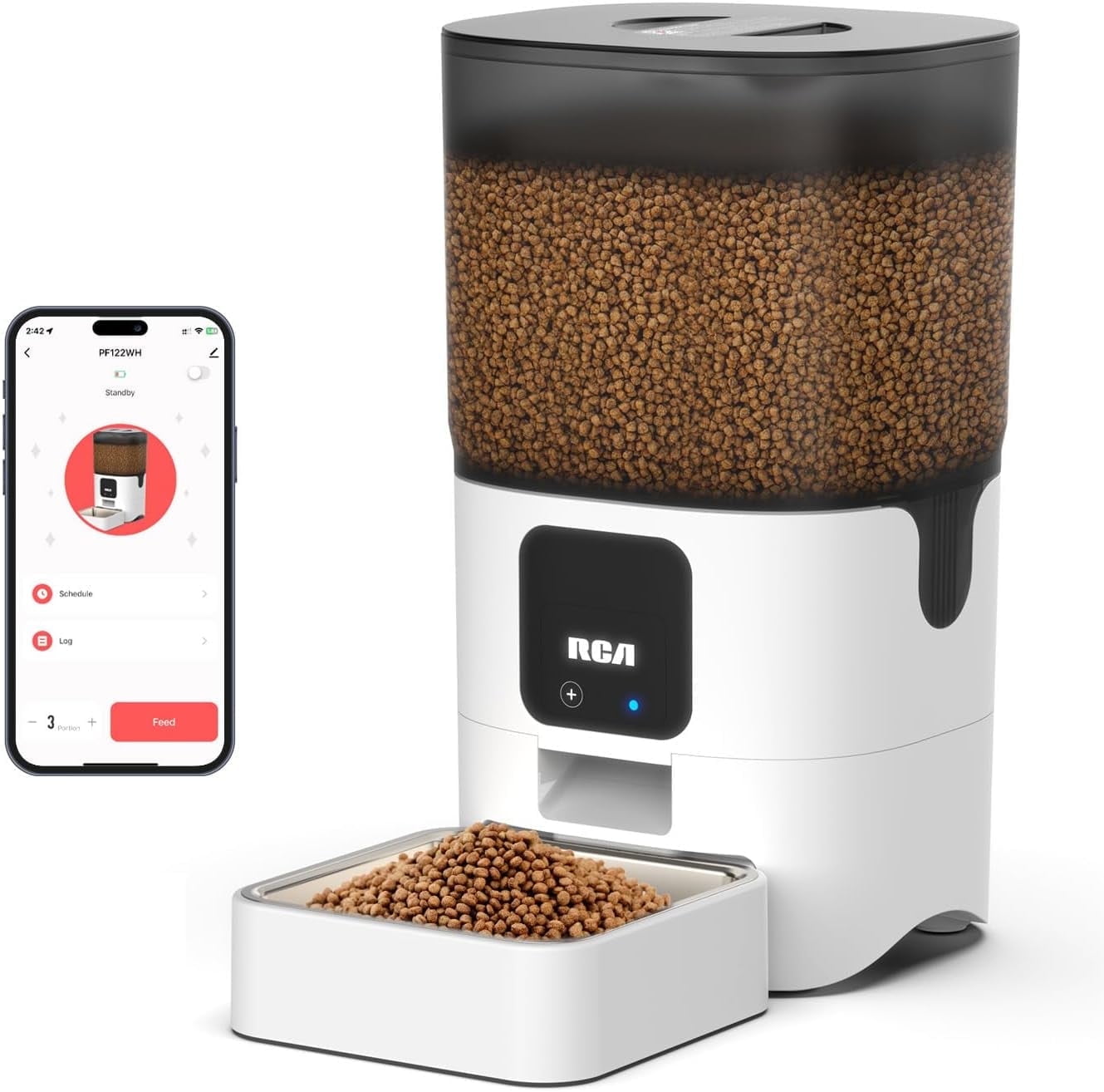 RCA Smart Pet Feeder for Cats, Dogs, Rabbits – WiFi-Enabled, RCA App Control for Remote Feeding, Dishwasher Safe Bowls, Google Assistant & Alexa Compatible, 6-Liter Capacity, BPA-Free Materials