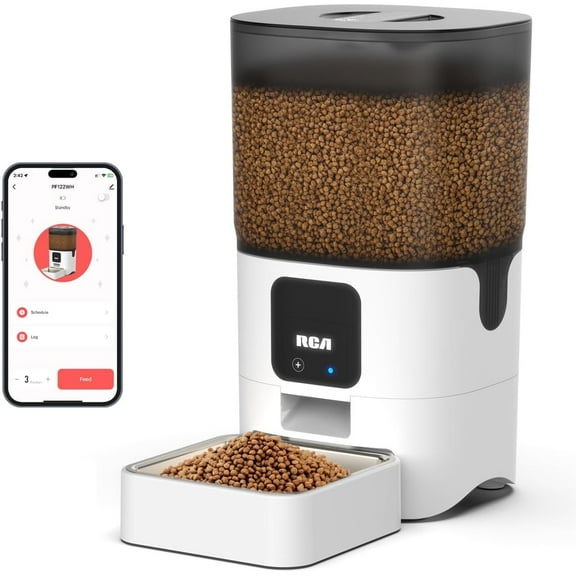RCA Smart Pet Feeder for Cats, Dogs, Rabbits – WiFi-Enabled, RCA App Control for Remote Feeding, Dishwasher Safe Bowls, Google Assistant & Alexa Compatible, 6-Liter Capacity, BPA-Free Materials