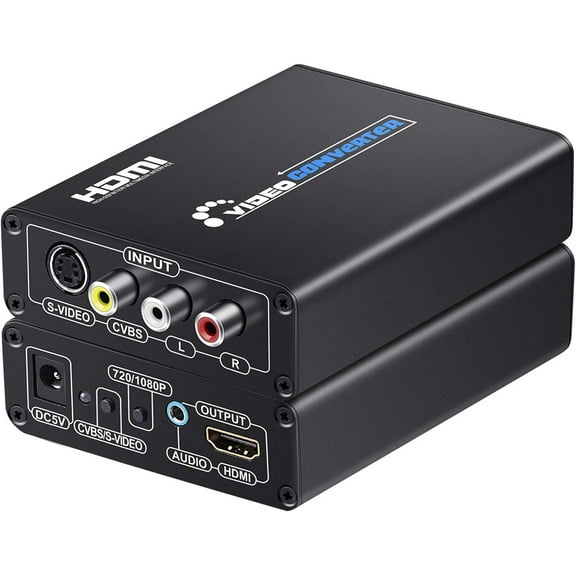 RCA Svideo to HDMI Converter with AV + S-Video Cables, RCA Composite CVBS AV or Svideo + R/L Audio Input to HDTV Output Upscale Converter