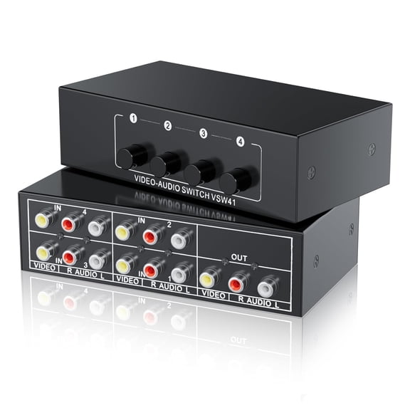 RCA Switch 4 in 1 Out Composite Video L/R Audio Selector Box 4X1, 4-Way RCA Switcher - 4 Port AV Selector Switch - Plug & Play for Wii PS2 Xbox DVD STB HDTV