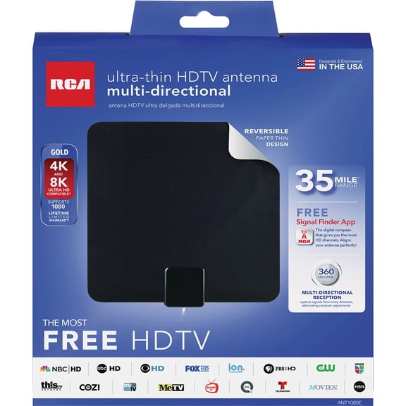 RCA Thin Indoor HDTV Antenna - Multidirectional, 35 Mile Range, 4K/8K/1080p Compatible