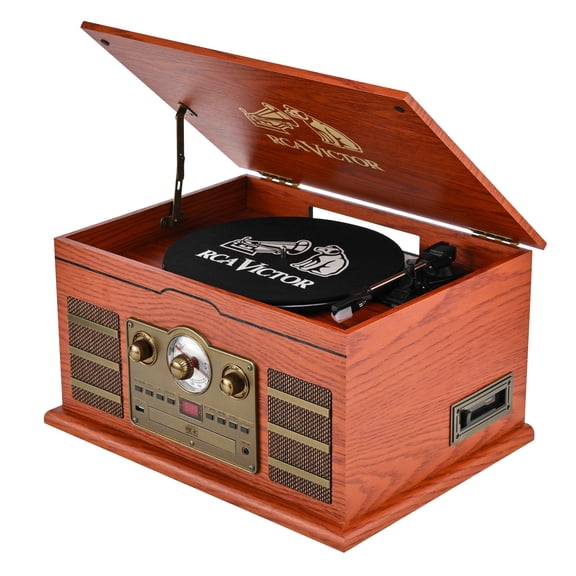 RCA VICTOR 10-Watt Roxbury 3-Speed Belt-Drive Manual 8-in-1 Turntable Music Center, Bluetooth, CD/Cassette/AM FM/USB/Aux, AudioStream , Mahogany
