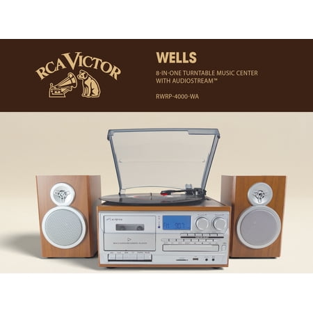 Victor RWRP-4000 Wells 8-in-1 Turntable Music Center with AudioStream?, 3-Speed Vinyl Player, CD & Cassette Recorder, Bluetooth 5.0 In/Out, USB/SD Recording, AM/FM Radio, 20W Speakers