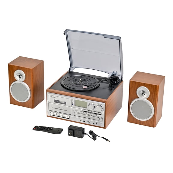 RCA VICTOR 20-Watt Wells 3-Speed Manual 8-in-1 Turntable Music Center with External Speakers, Bluetooth, CD/Cassette/AM FM/USB/Aux, AudioStream