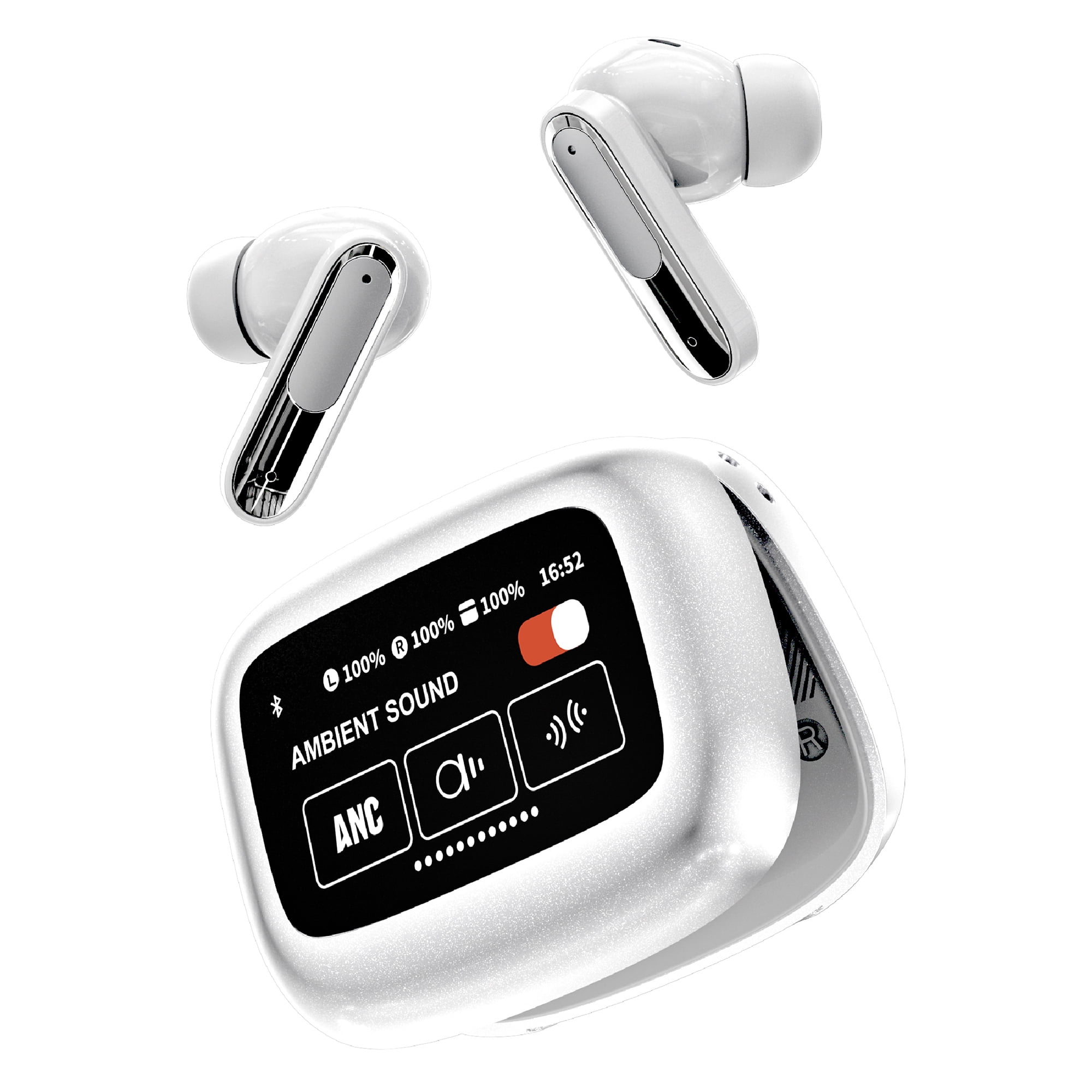 RCA WAVE-45 TWS Bluetooth In-Ear Earbuds with Mics, On-Ear Controls, ANC, Charging Case with Touch Screen, up to 6 Hours Play Time , White