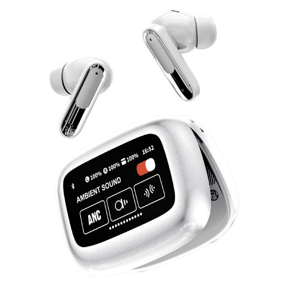 RCA WAVE-45 TWS Bluetooth In-Ear Earbuds with Mics, On-Ear Controls, ANC, Charging Case with Touch Screen, up to 6 Hours Play Time , White