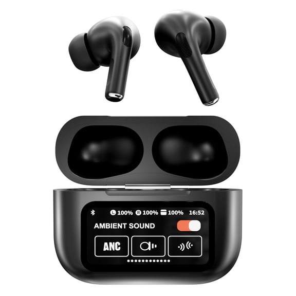 RCA WAVE-48 TWS Bluetooth In-Ear Earbuds with Mics, On-Ear Controls, ANC, Charging Case with Screen, up to 6 Hours Play Time , Black