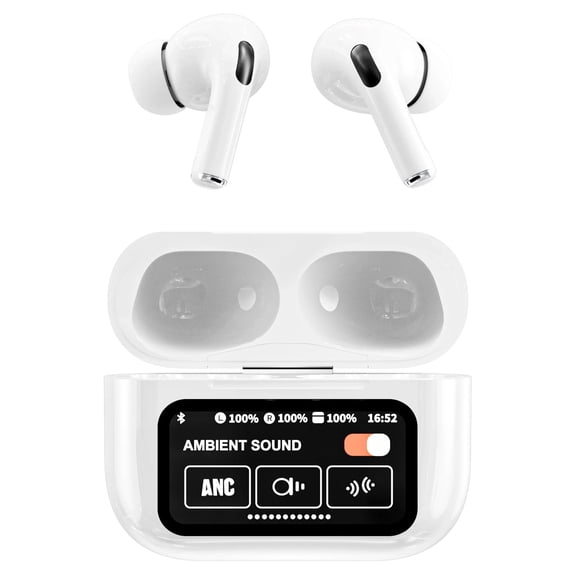 RCA WAVE-48 TWS Bluetooth In-Ear Earbuds with Mics, On-Ear Controls, ANC, Charging Case with Screen, up to 6 Hours Play Time , White