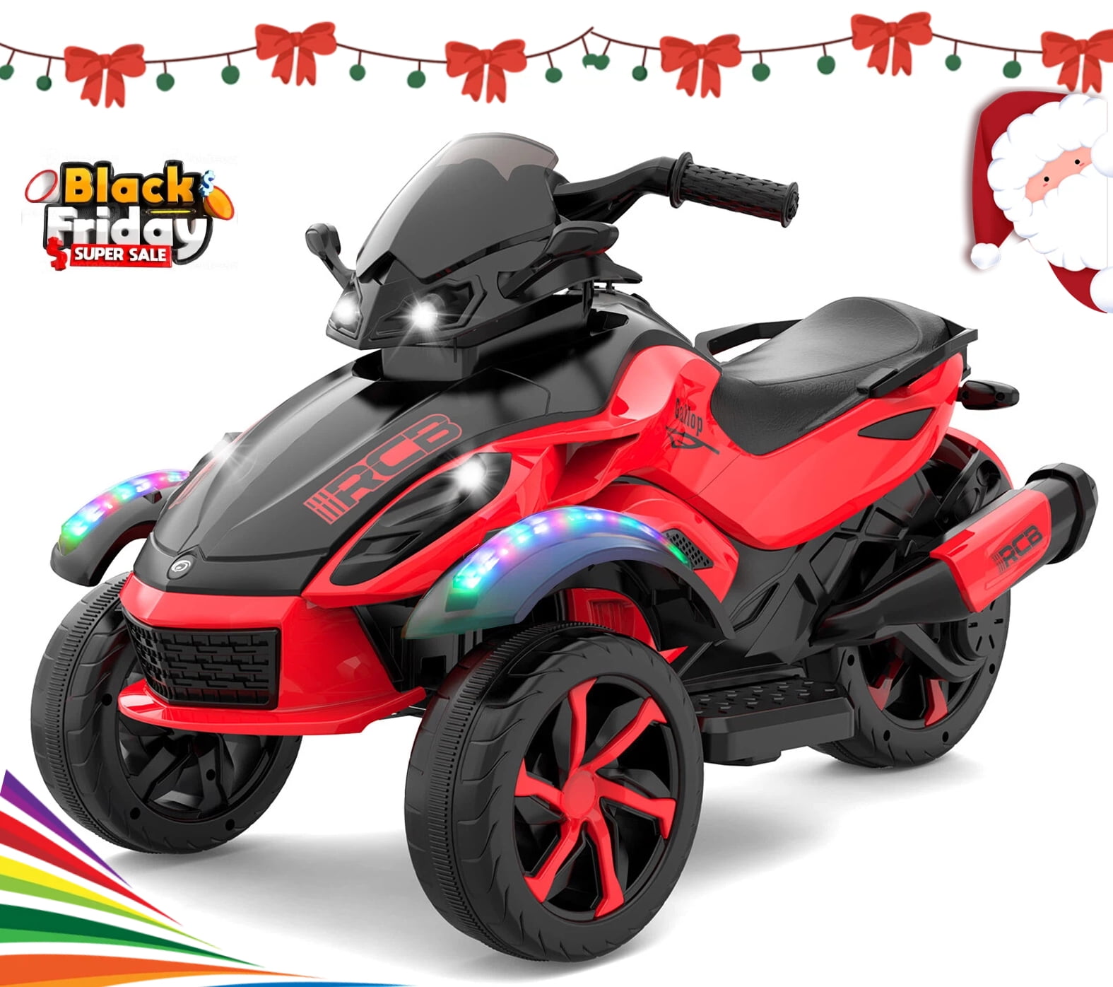 RCB 12V Kids Ride on ATV w/ One-Touch Start, 3-Wheel Stability, LED Lights, Built-in Music Player-Red