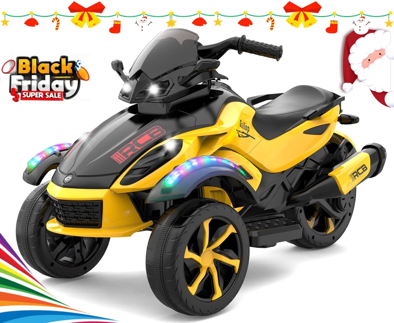 RCB 12V Kids Ride on ATV w/ One-Touch Start, 3-Wheel Stability, LED Lights, Built-in Music Player - Yellow