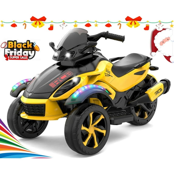 RCB 12V Kids Ride on ATV w/ One-Touch Start, 3-Wheel Stability, LED Lights, Built-in Music Player - Yellow
