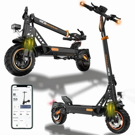 RCB D5PRO Electric Scooter Adult,1600W Peak Motor, 48V27Ah Battery, Up to 80 Miles Range, 10"Anti-Flat Off-Road Tires, Dual Brakes&Dual Suspension, Foldable Commuter Scooter with App & NFC