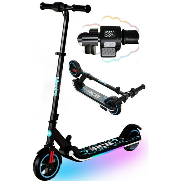 RCB Electric Scooter for Kids Ages 6-12, 200w, up to 10 Mph, Colorful Rainbow Light, Adjustable Speed &Height,Black