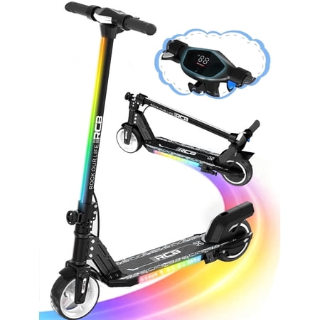 RCB Electric Scooter for Kids,Max Speed 9.3 mph,6.5 Miles Range,Rainbow LED Lights&Display,Foldable&Portable