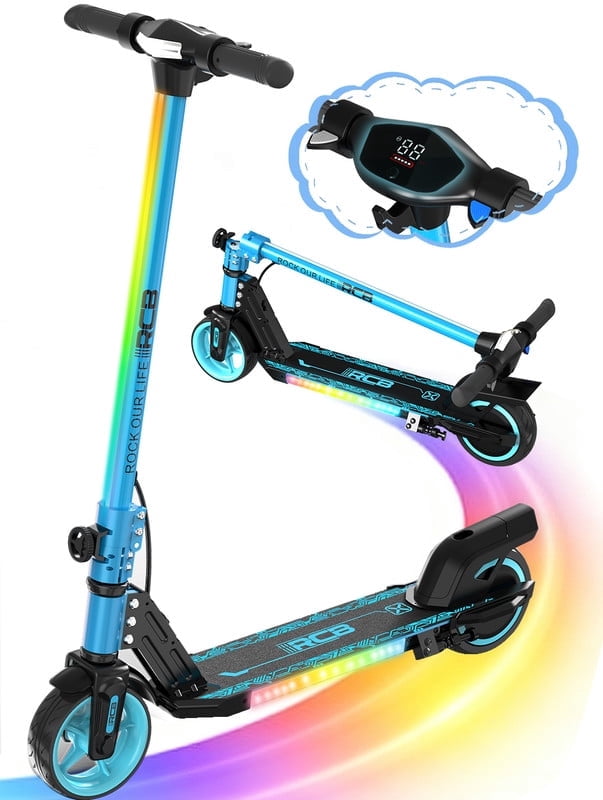 RCB Electric Scooter for Kids,Max Speed 9.3 mph,6.5 Miles Range,Rainbow LED Lights&Display,Foldable&Portable,Blue