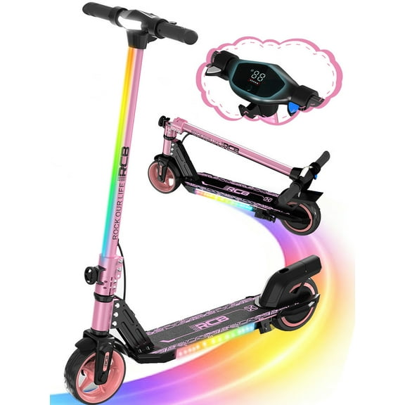RCB Electric Scooter for Kids,Max Speed 9.3 mph,6.5 Miles Range,Rainbow LED Lights&Display,Foldable&Portable,Pink
