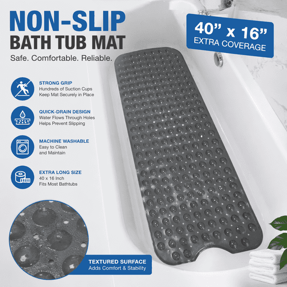 Extra Long Non-Slip Bathtub Mat 40 x 16 Inch, 200 Suction Cups, Fast Drain Holes, Machine Washable Shower Mat for Bathroom, Dark Gray