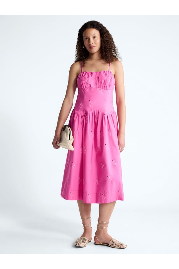 Women's and Women’s Plus Tie Back Cotton Midi Dress with Drop Waist, Sizes XS-4X