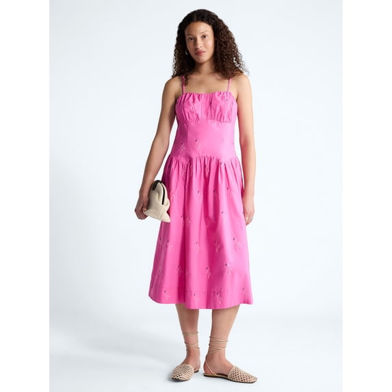 Free Assembly Women's and Women’s Plus Tie Back Cotton Midi Dress with Drop Waist, Sizes XS-4X