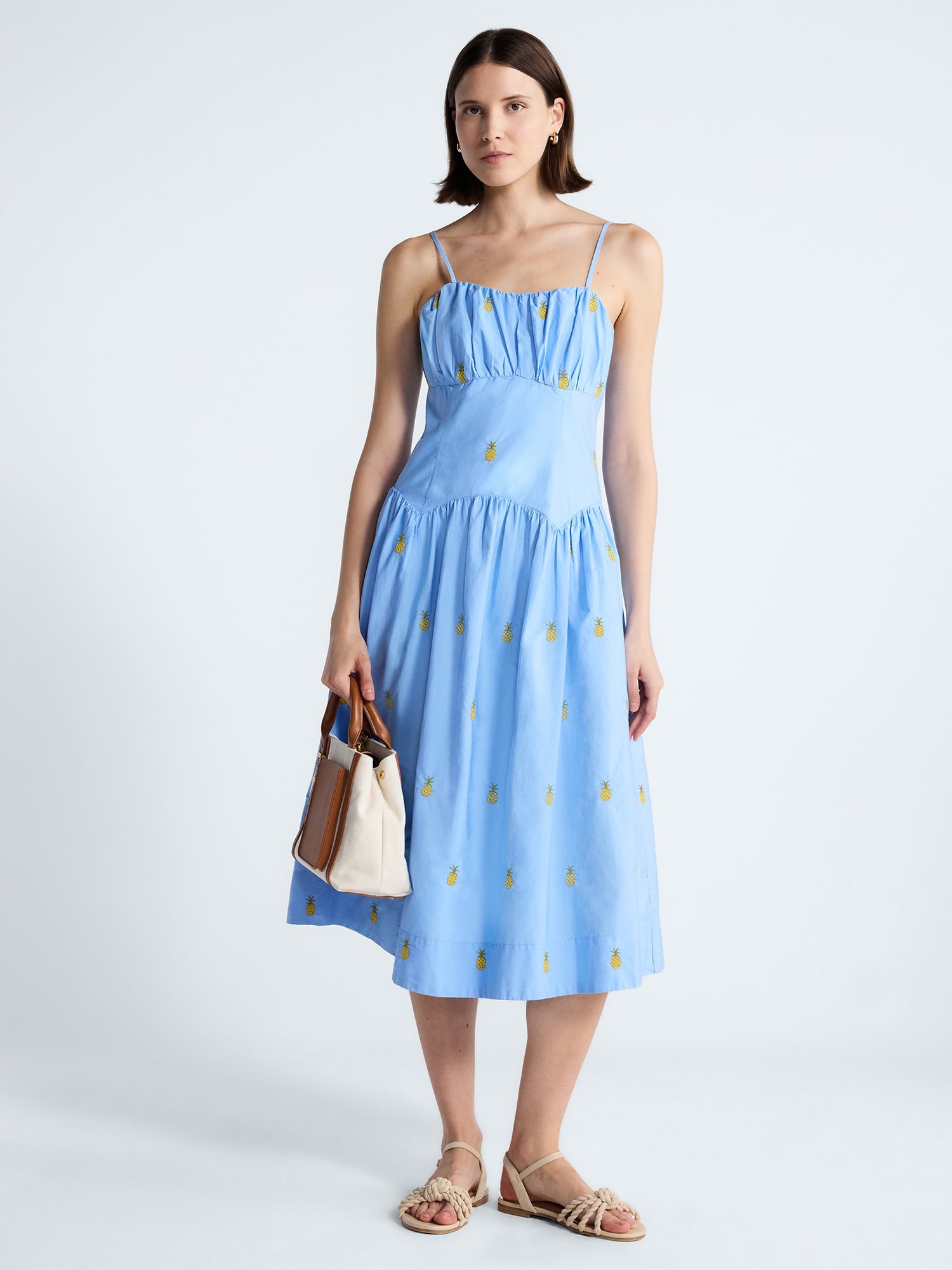 Free Assembly Women's and Women’s Plus Tie Back Cotton Midi Dress with Drop Waist, Sizes XS-4X